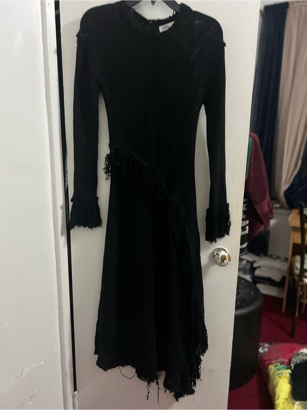 Zara Black Long-Sleeve Fringe Knit Midi Dress